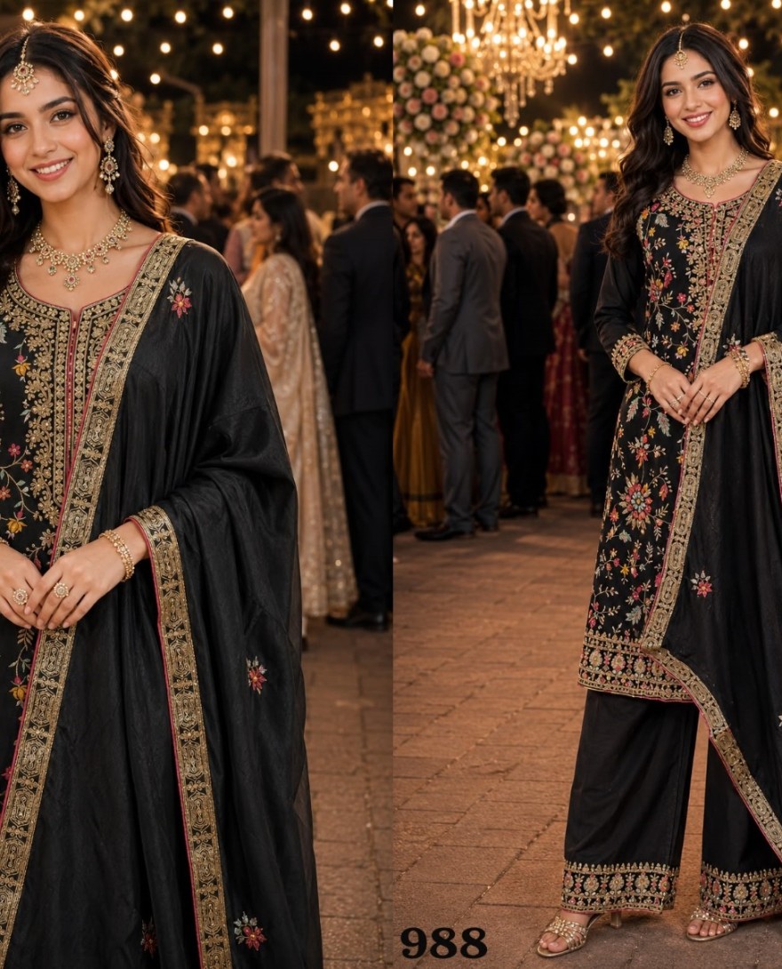 BLACK - Black Chinon Palazzo Salwar Suit with Embroidered and Sequins Work